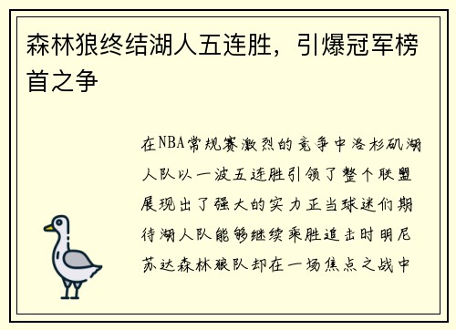 森林狼终结湖人五连胜，引爆冠军榜首之争