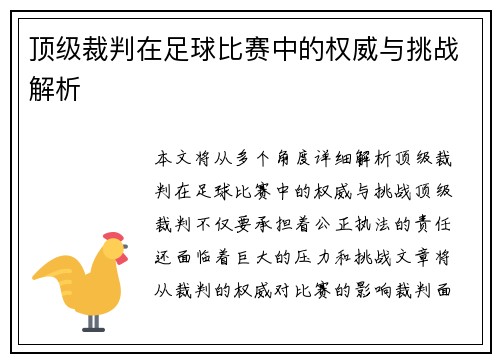 顶级裁判在足球比赛中的权威与挑战解析