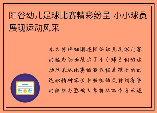 阳谷幼儿足球比赛精彩纷呈 小小球员展现运动风采