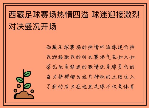 西藏足球赛场热情四溢 球迷迎接激烈对决盛况开场