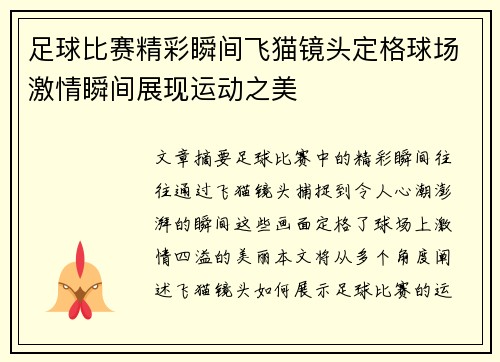 足球比赛精彩瞬间飞猫镜头定格球场激情瞬间展现运动之美