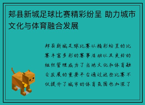 郏县新城足球比赛精彩纷呈 助力城市文化与体育融合发展