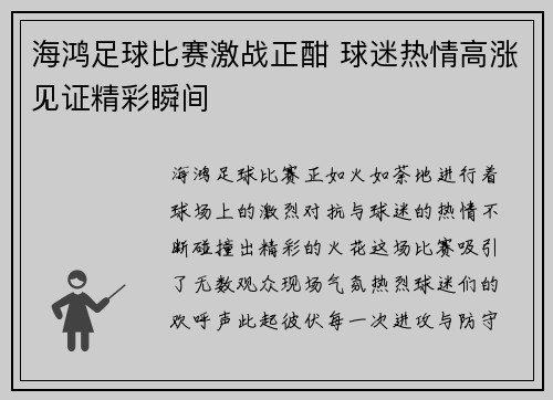 海鸿足球比赛激战正酣 球迷热情高涨见证精彩瞬间