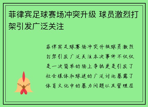 菲律宾足球赛场冲突升级 球员激烈打架引发广泛关注