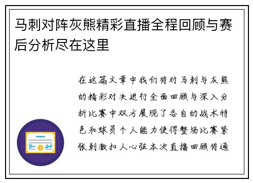 马刺对阵灰熊精彩直播全程回顾与赛后分析尽在这里