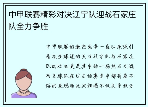 中甲联赛精彩对决辽宁队迎战石家庄队全力争胜