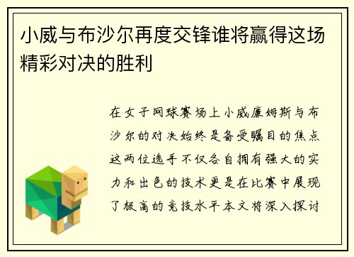小威与布沙尔再度交锋谁将赢得这场精彩对决的胜利