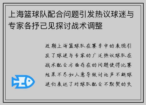 上海篮球队配合问题引发热议球迷与专家各抒己见探讨战术调整