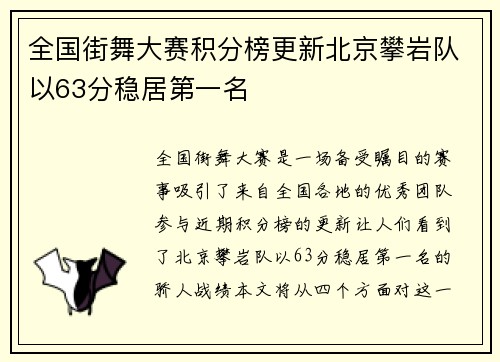 全国街舞大赛积分榜更新北京攀岩队以63分稳居第一名
