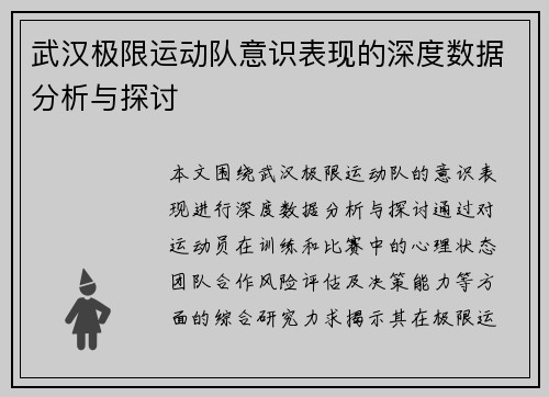 武汉极限运动队意识表现的深度数据分析与探讨