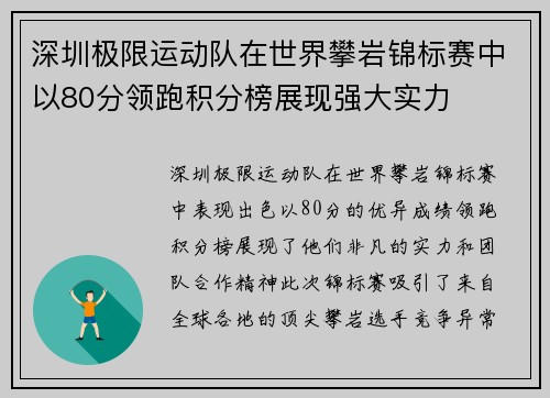 深圳极限运动队在世界攀岩锦标赛中以80分领跑积分榜展现强大实力