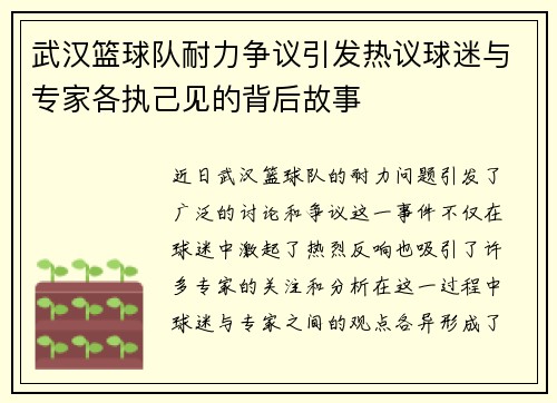 武汉篮球队耐力争议引发热议球迷与专家各执己见的背后故事