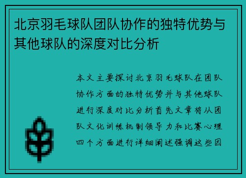 北京羽毛球队团队协作的独特优势与其他球队的深度对比分析