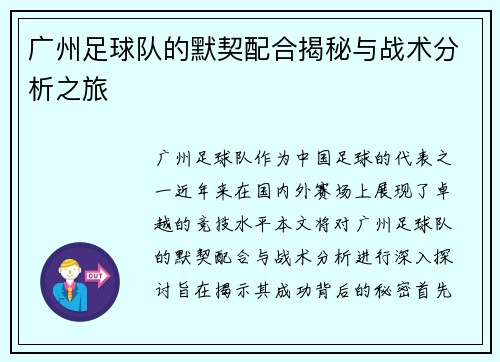 广州足球队的默契配合揭秘与战术分析之旅